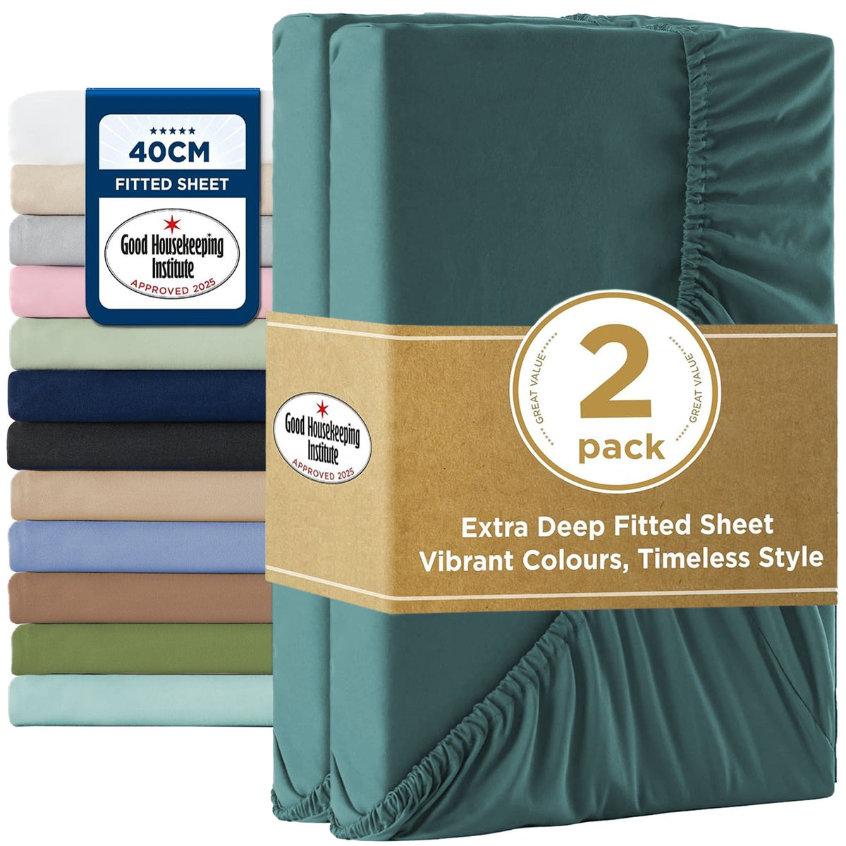 2000TC Hotel Quality Fitted Sheets - 2 Piece Fitted Sheets  -Breathable Bedding - Wrinkle, Fade, Stain Resistant- 16inch/40cm