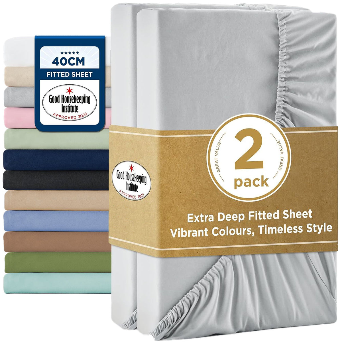 2000TC Hotel Quality Fitted Sheets - 2 Piece Fitted Sheets  -Breathable Bedding - Wrinkle, Fade, Stain Resistant- 16inch/40cm