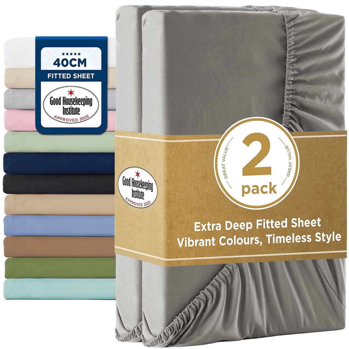 2000TC Hotel Quality Fitted Sheets - 2 Piece Fitted Sheets  -Breathable Bedding - Wrinkle, Fade, Stain Resistant- 16inch/40cm