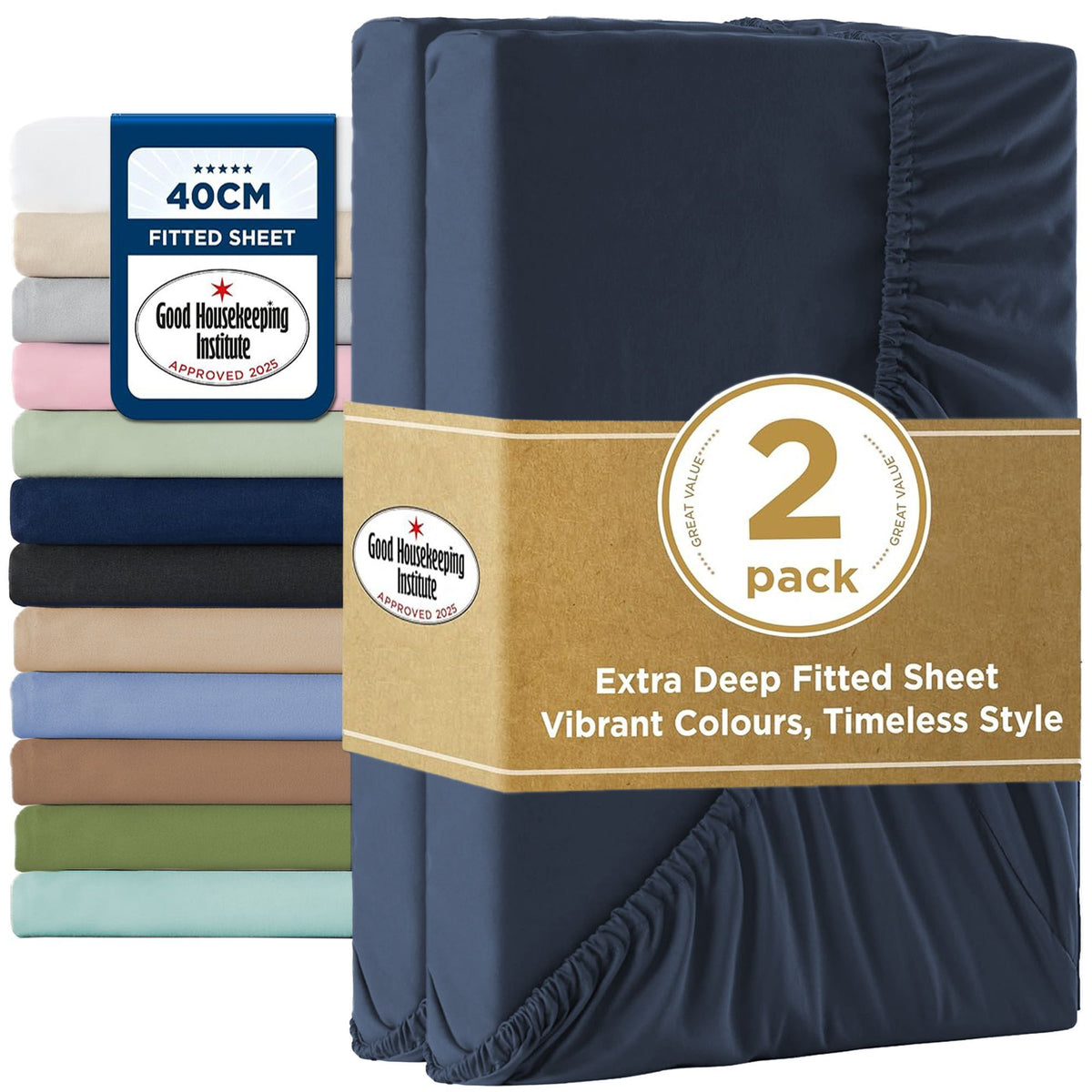 2000TC Hotel Quality Fitted Sheets - 2 Piece Fitted Sheets  -Breathable Bedding - Wrinkle, Fade, Stain Resistant- 16inch/40cm