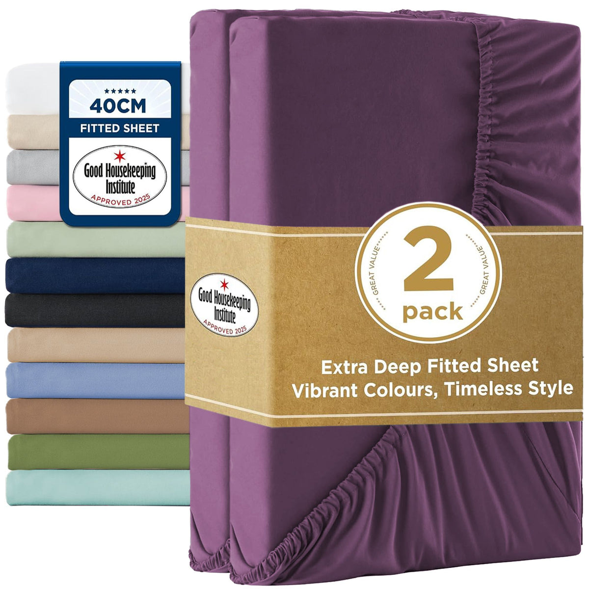 2000TC Hotel Quality Fitted Sheets - 2 Piece Fitted Sheets  -Breathable Bedding - Wrinkle, Fade, Stain Resistant- 16inch/40cm