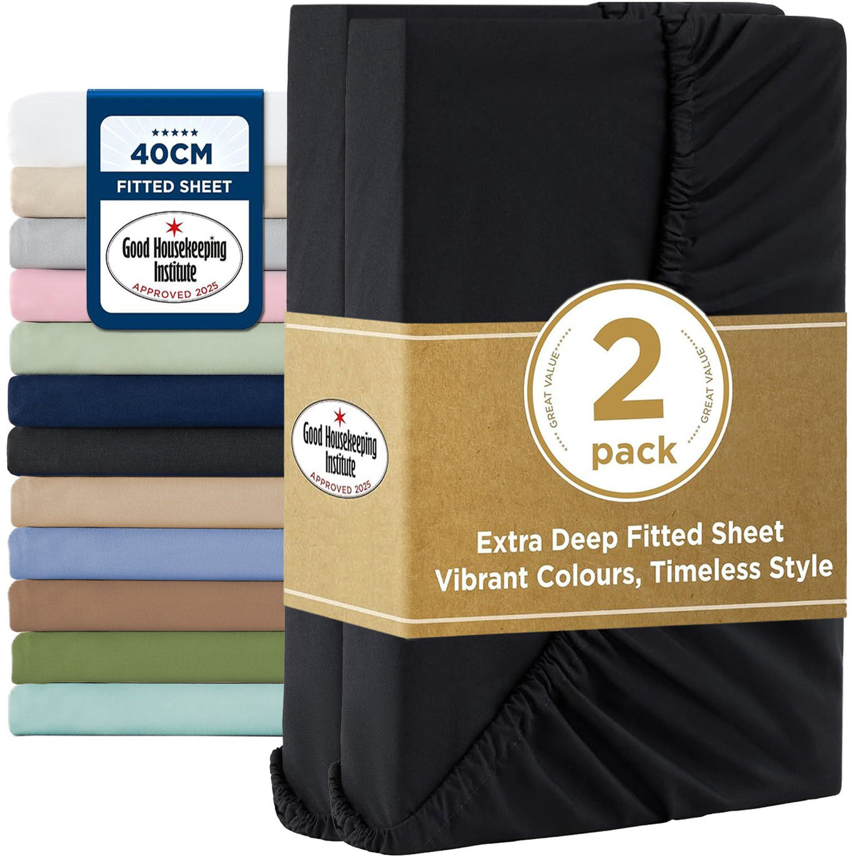 2000TC Hotel Quality Fitted Sheets - 2 Piece Fitted Sheets  -Breathable Bedding - Wrinkle, Fade, Stain Resistant- 16inch/40cm