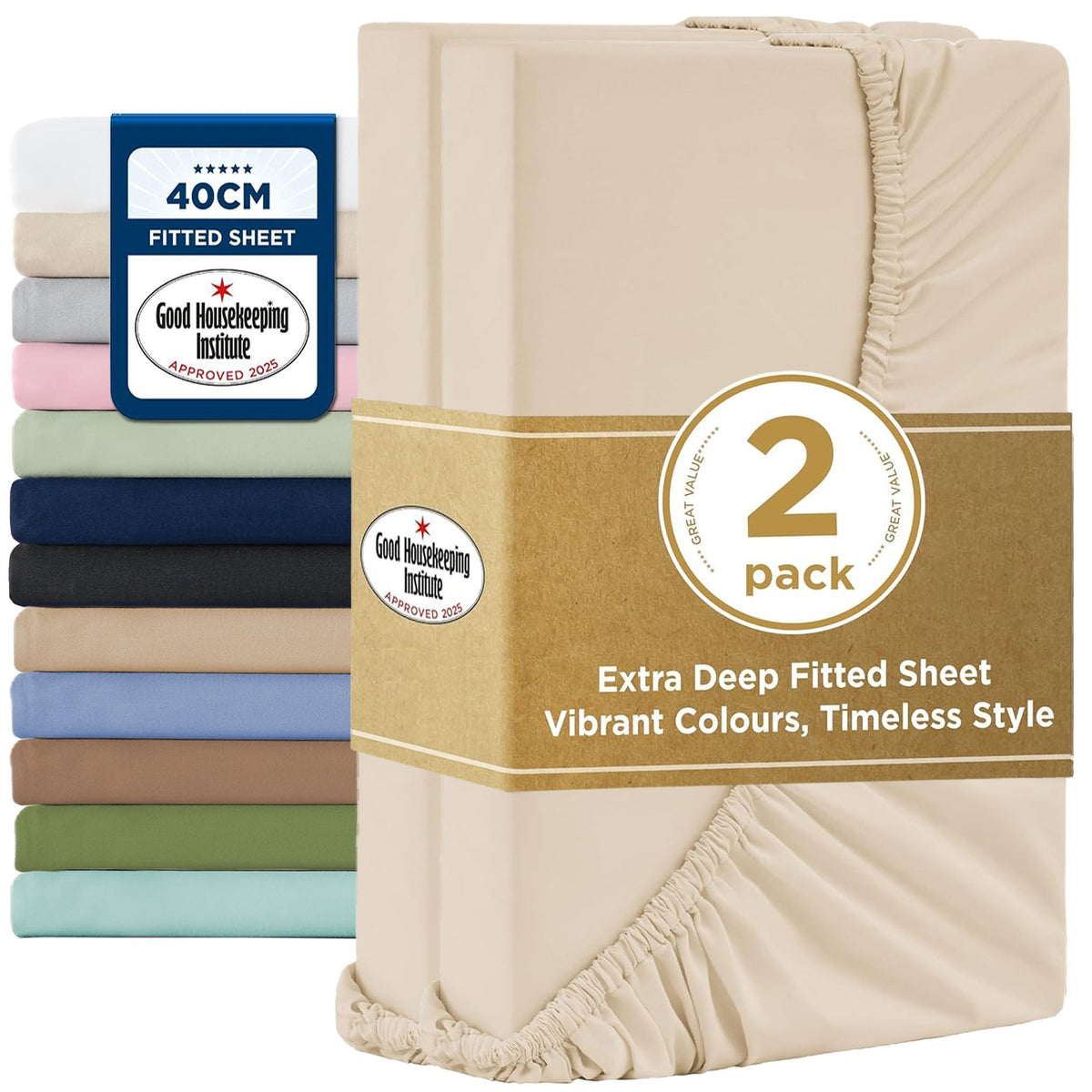 2000TC Hotel Quality Fitted Sheets - 2 Piece Fitted Sheets  -Breathable Bedding - Wrinkle, Fade, Stain Resistant- 16inch/40cm