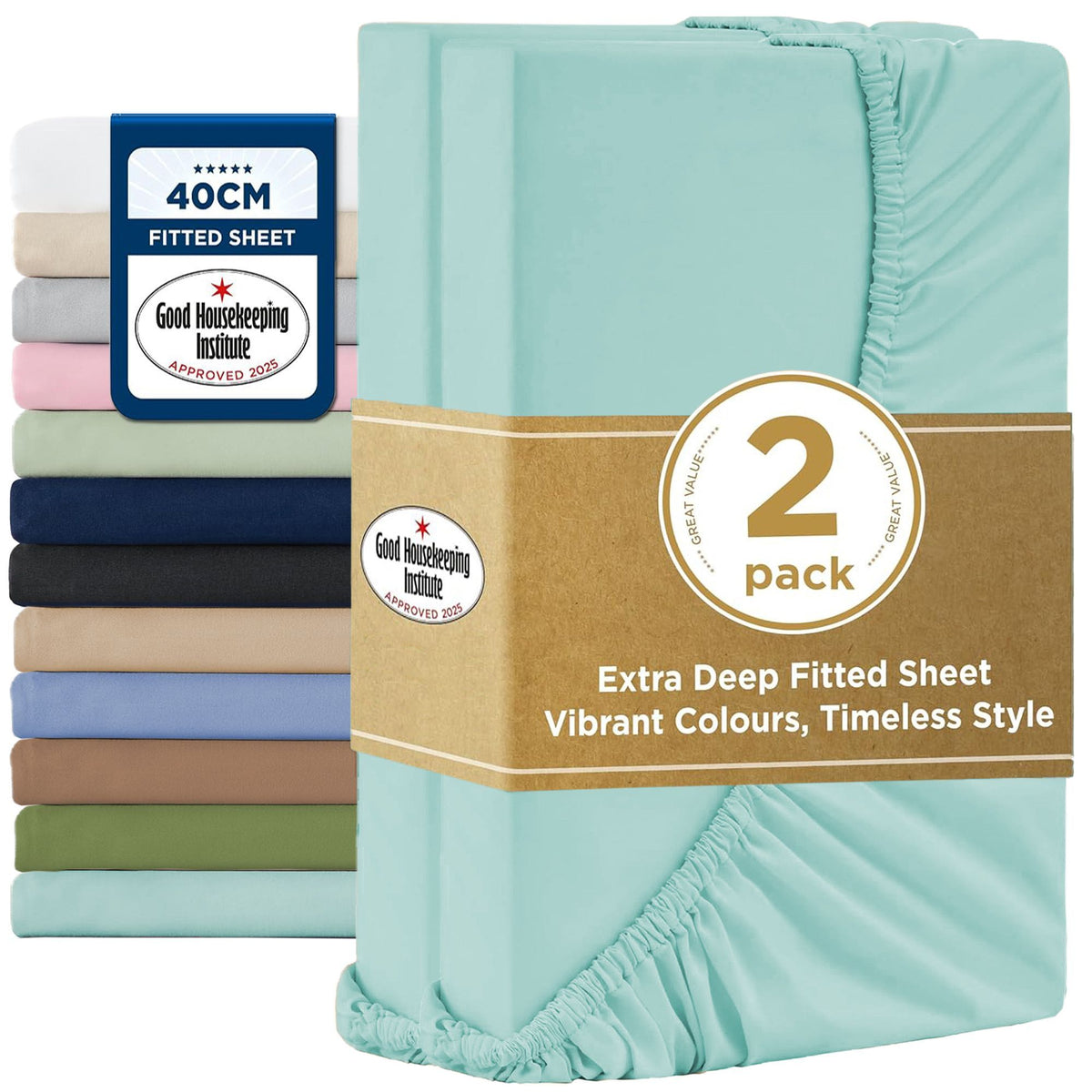 2000TC Hotel Quality Fitted Sheets - 2 Piece Fitted Sheets  -Breathable Bedding - Wrinkle, Fade, Stain Resistant- 16inch/40cm