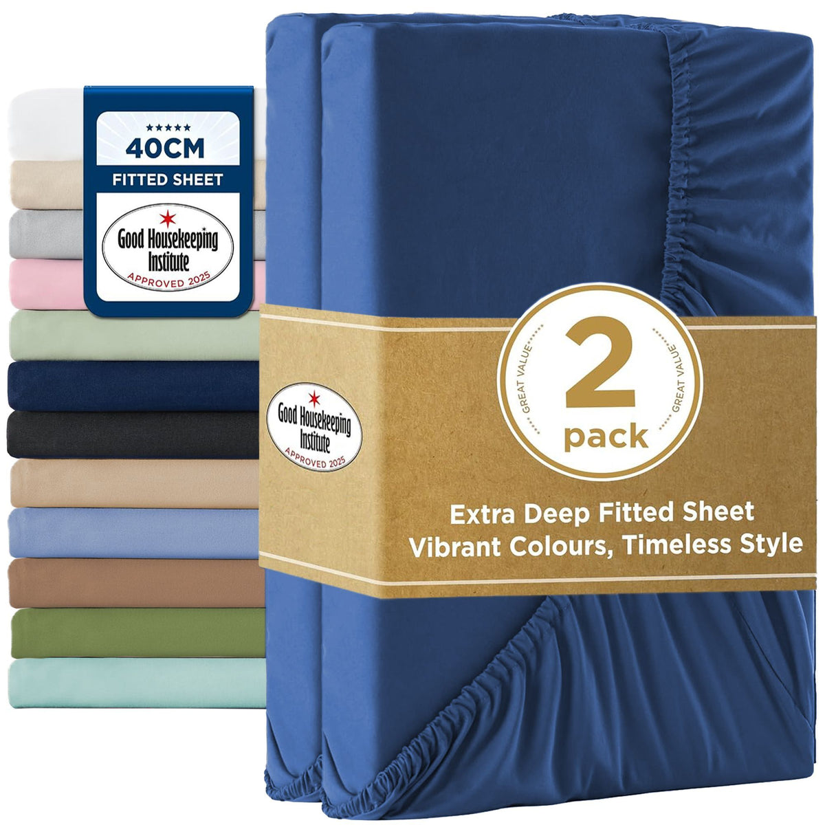 2000TC Hotel Quality Fitted Sheets - 2 Piece Fitted Sheets  -Breathable Bedding - Wrinkle, Fade, Stain Resistant- 16inch/40cm