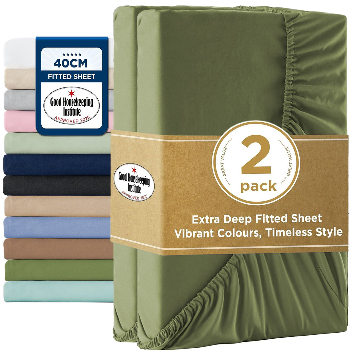 2000TC Hotel Quality Fitted Sheets - 2 Piece Fitted Sheets  -Breathable Bedding - Wrinkle, Fade, Stain Resistant- 16inch/40cm
