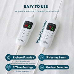 Heated Mattress Pad - Bedding Electric Blanket with 9 Heat Setting & 9-Hour Auto Off, Heated Mattress Pad-Machine Washable Fu