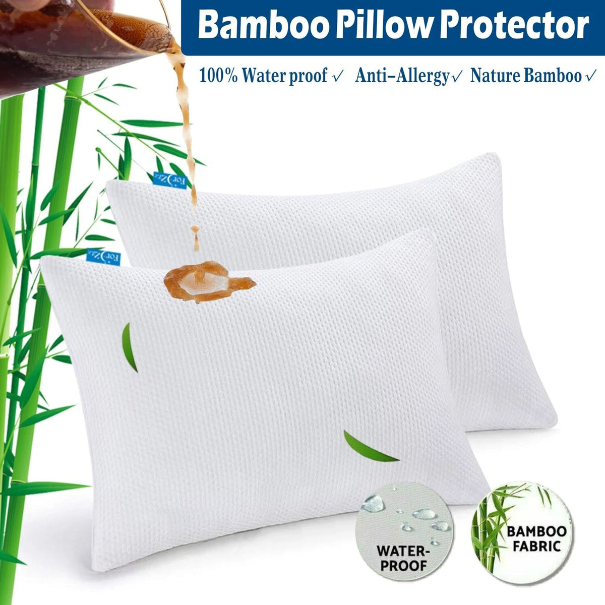 Waterproof Bamboo Pillow Protector Cover, 100% Bug Water Proof Zippered Pillow Cases Standard/Queen Size ( 2 Pack,White,48cm 