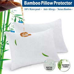 Waterproof Bamboo Pillow Protector Cover, 100% Bug Water Proof Zippered Pillow Cases Standard/Queen Size ( 2 Pack,White,48cm 