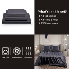 Art Silk Satin Sheet Set Hotel 4 Pieces Fitted/Flat Sheet Bedding Set-Luxury Soft Silky Sheets for Hair and Skin, Similar to 