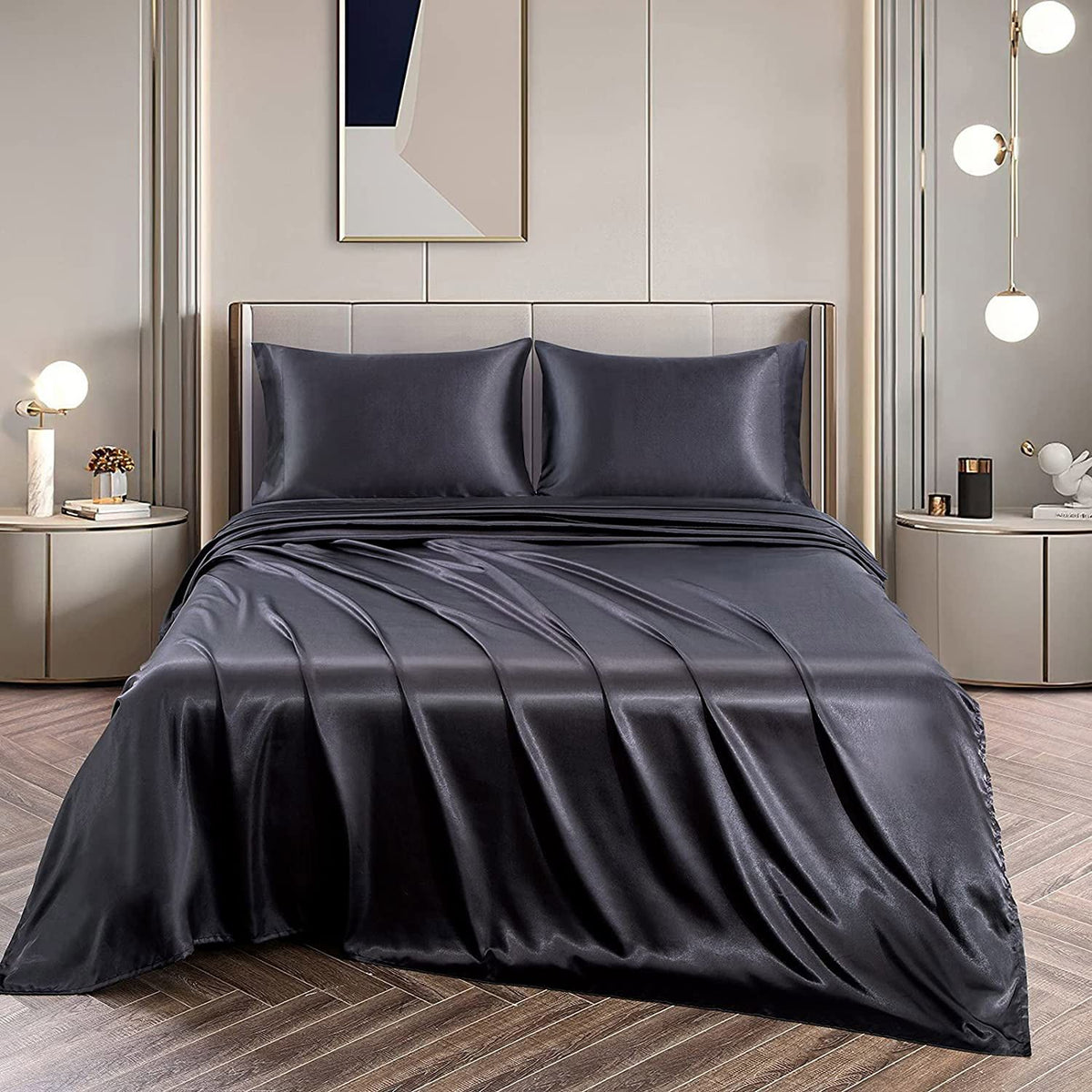 Art Silk Satin Sheet Set Hotel 4 Pieces Fitted/Flat Sheet Bedding Set-Luxury Soft Silky Sheets for Hair and Skin, Similar to 