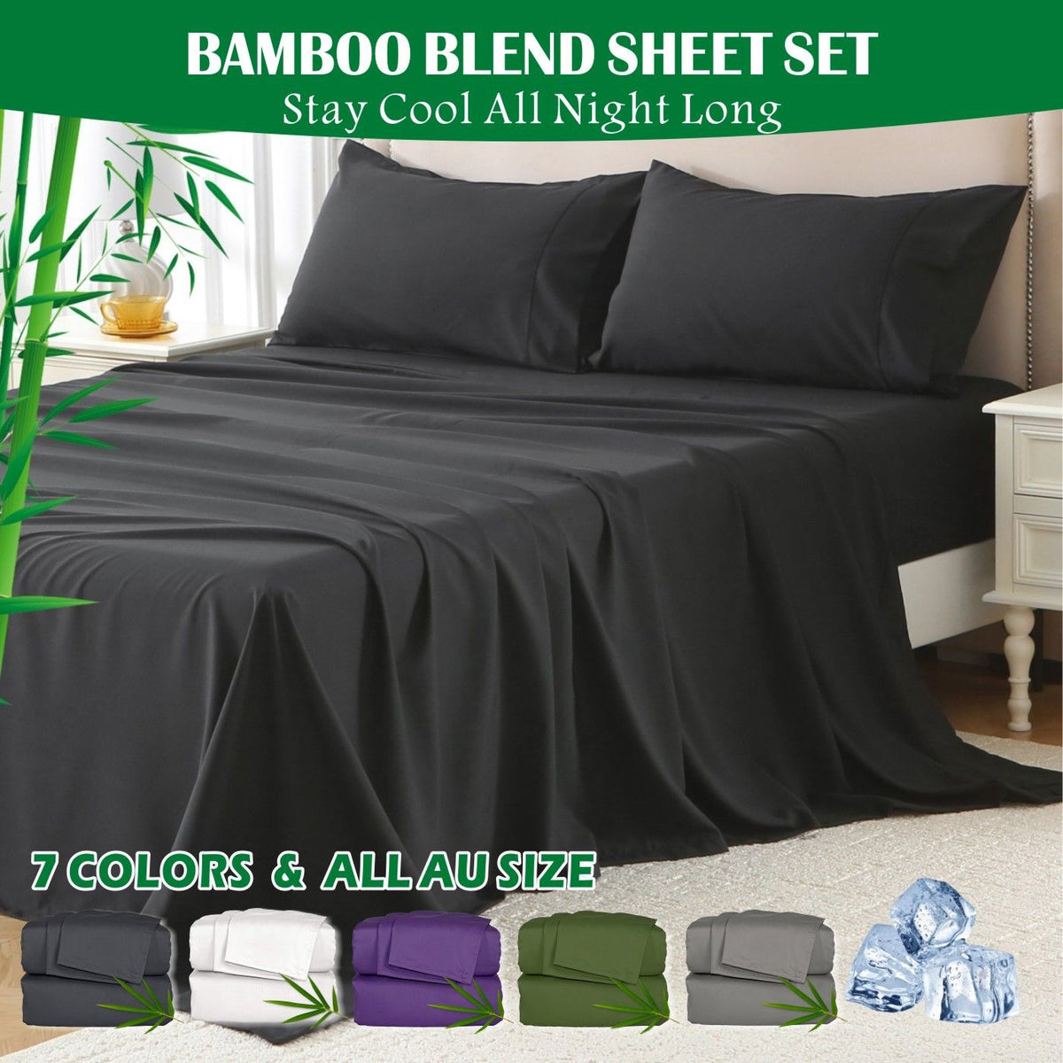 4 Piece Hotel Bamboo Cooling Sheet Set -Ultra Soft 2000TC Breathable Bed Sheets Set with 37 Centimetre Deep Pocket-Cooling Sh