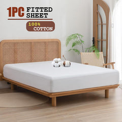 100% Cotton Fitted Sheet - Super Soft 40cm Deep Pocket Bottom Sheets - White Elastic Sheet（Double,White)