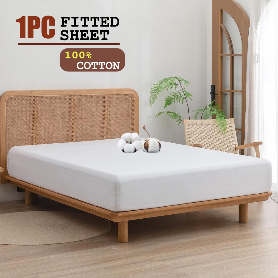 100% Cotton Fitted Sheet - Super Soft 40cm Deep Pocket Bottom Sheets - White Elastic Sheet（Double,White)