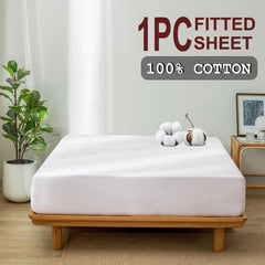 100% Cotton Fitted Sheet - Super Soft 40cm Deep Pocket Bottom Sheets - White Elastic Sheet（Double,White)