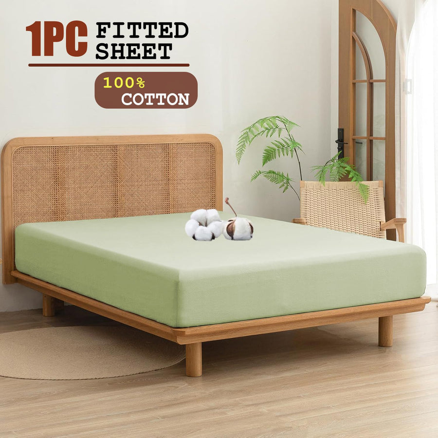 100% Cotton Fitted Sheet - Super Soft 40cm Deep Pocket Bottom Sheets - White Elastic Sheet（Double,Green beans)