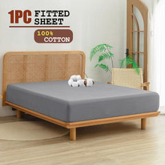 100% Cotton Fitted Sheet - Super Soft 40cm Deep Pocket Bottom Sheets - White Elastic Sheet（Double,Grey)