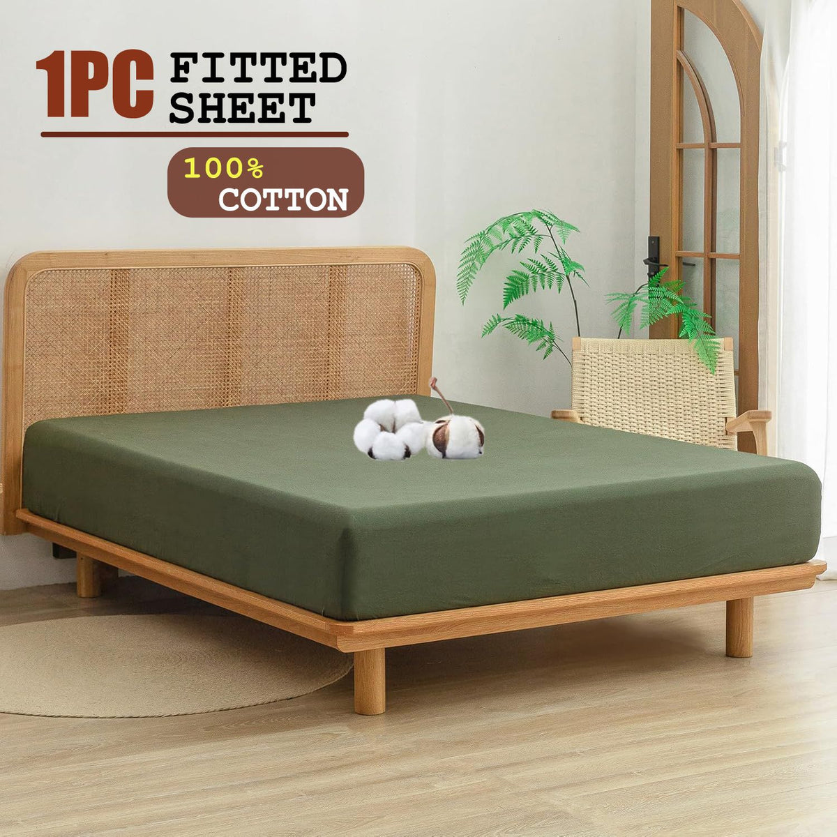 100% Cotton Fitted Sheet - Super Soft 40cm Deep Pocket Bottom Sheets - White Elastic Sheet（King Single,Olive green)