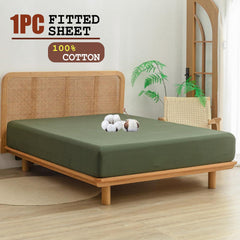 100% Cotton Fitted Sheet - Super Soft 40cm Deep Pocket Bottom Sheets - White Elastic Sheet（King Single,Olive green)