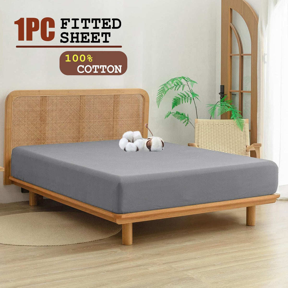 100% Cotton Fitted Sheet - Super Soft 40cm Deep Pocket Bottom Sheets - White Elastic Sheet（Queen,Grey)