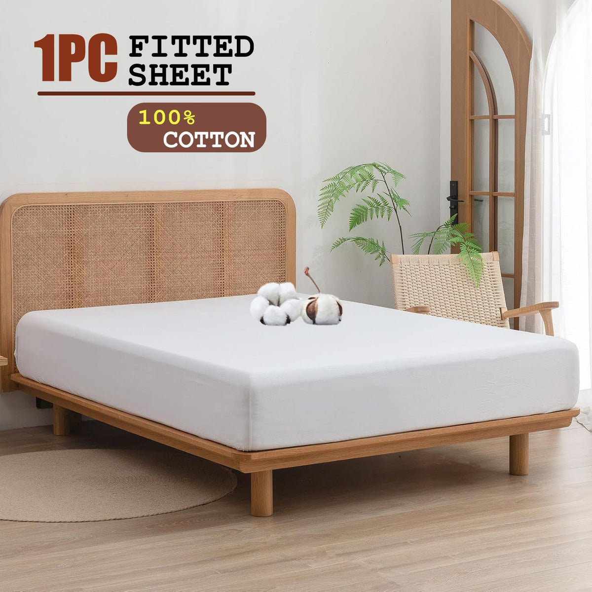 100% Cotton Fitted Sheet - Super Soft 40cm Deep Pocket Bottom Sheets - White Elastic Sheet（Single,White)