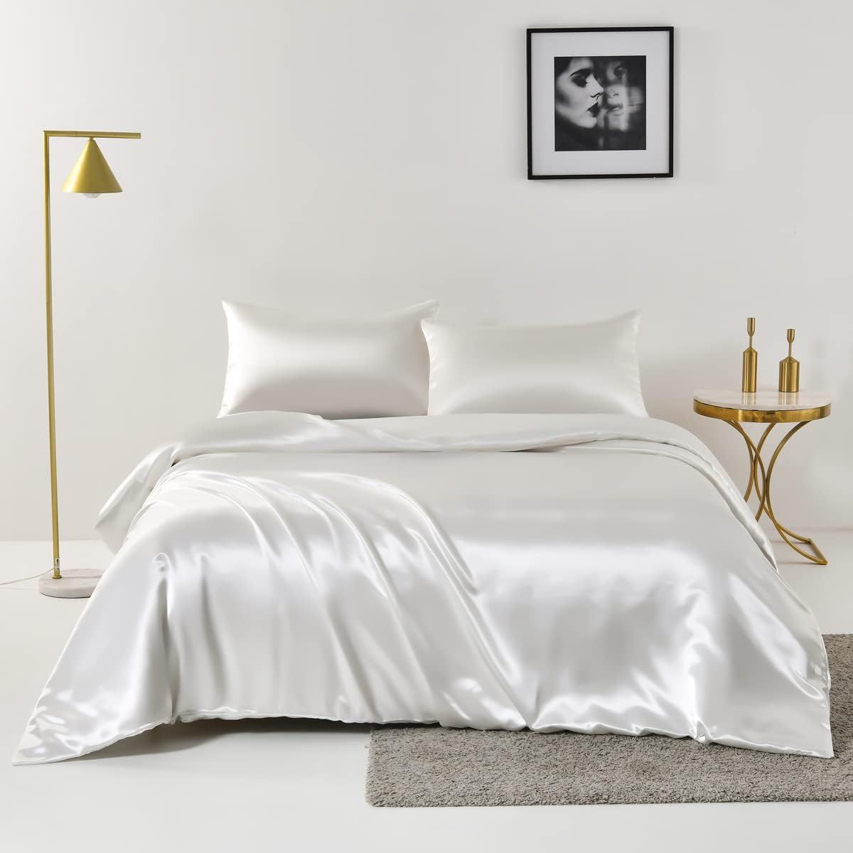 Satin Quilt cover Set Hotel 3 Pieces Quilt cover with Pillowcase, Art Silk Bedding Set-Luxury Soft Silky pillowcase for Hair 