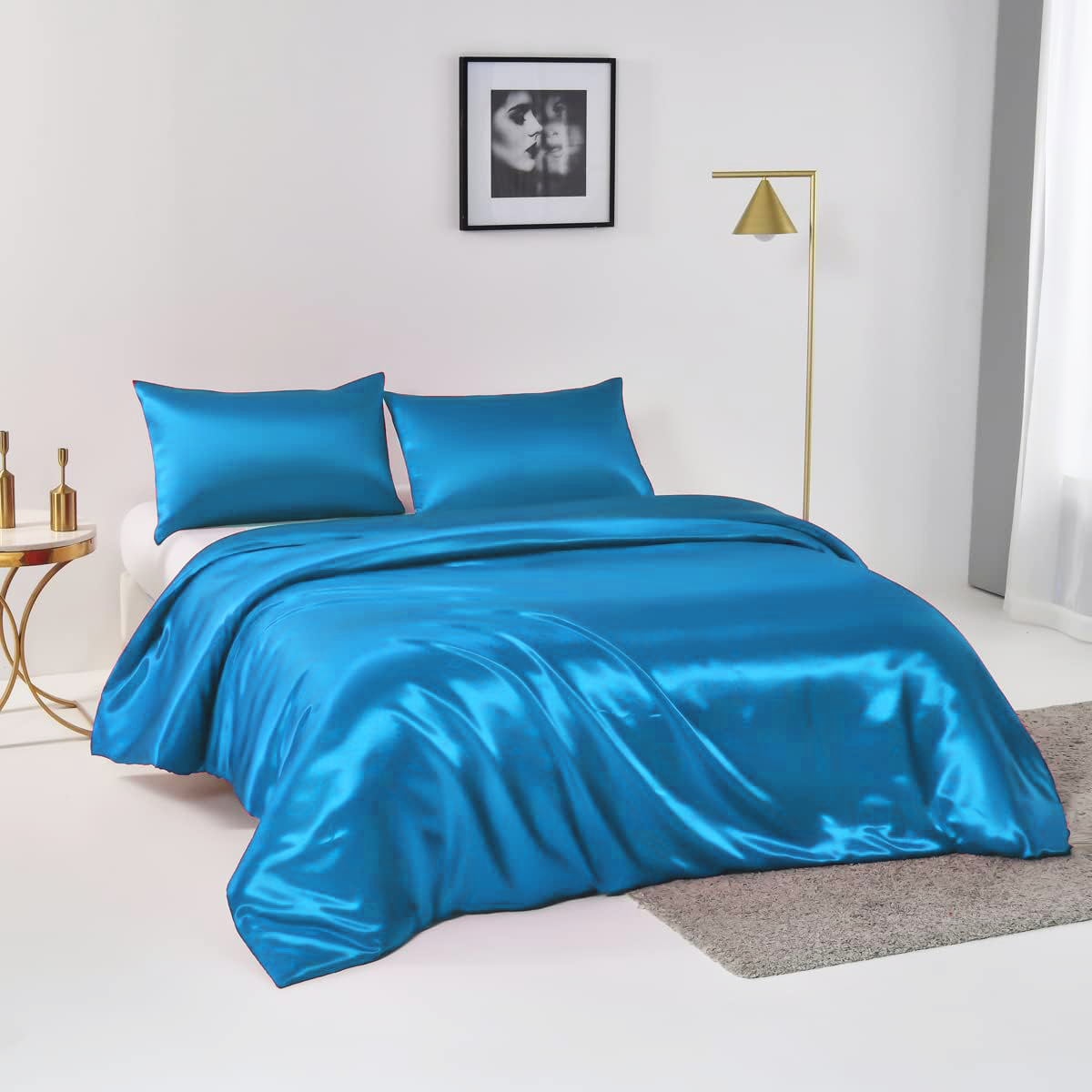 Satin Quilt cover Set Hotel 3 Pieces Quilt cover with Pillowcase, Art Silk Bedding Set-Luxury Soft Silky pillowcase for Hair 