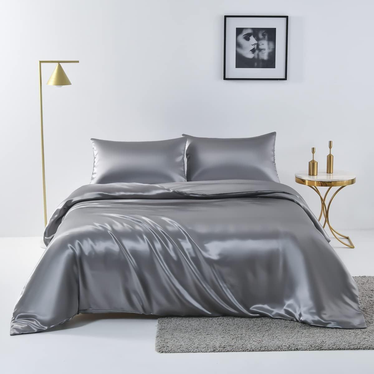 Satin Quilt cover Set Hotel 3 Pieces Quilt cover with Pillowcase, Art Silk Bedding Set-Luxury Soft Silky pillowcase for Hair 