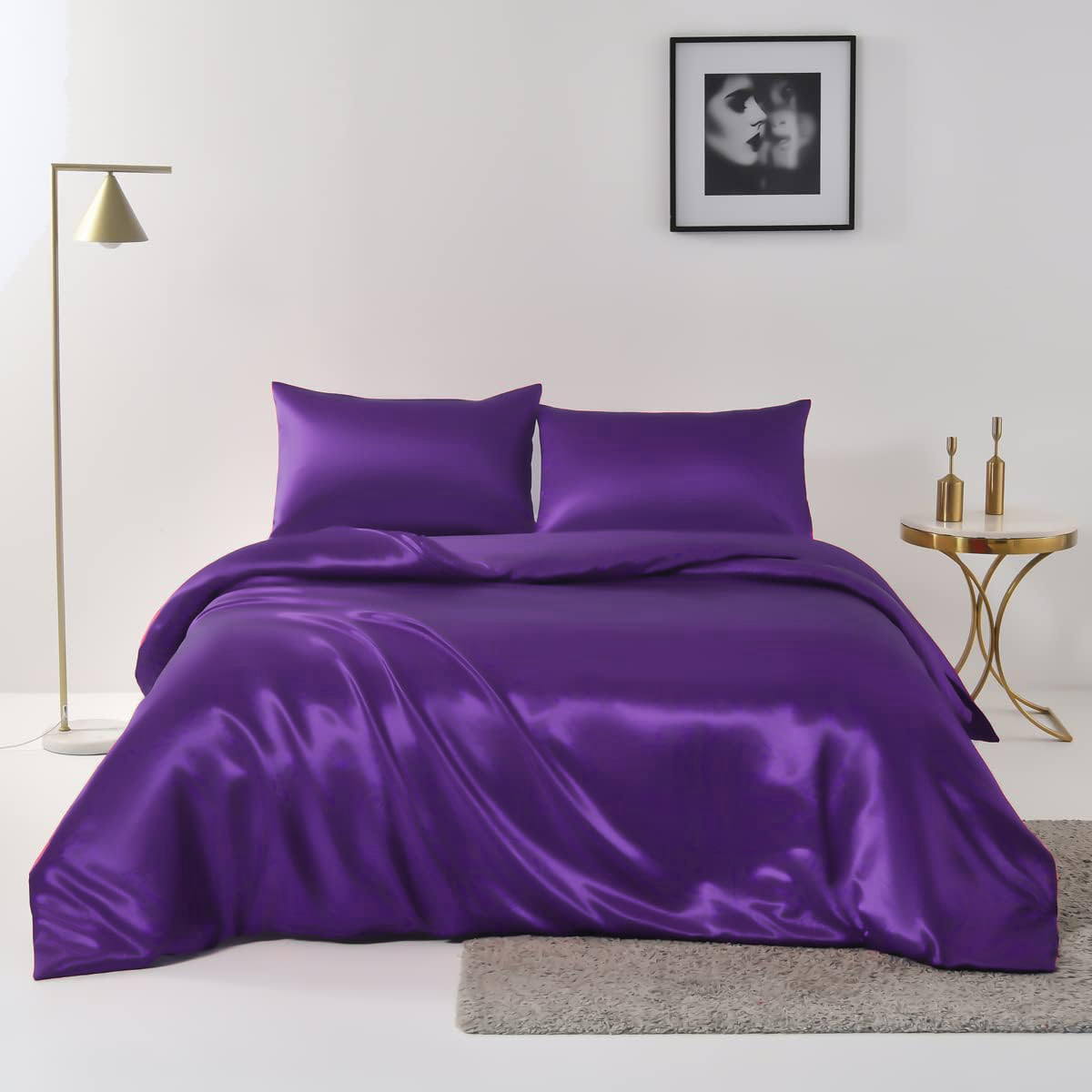 Satin Quilt cover Set Hotel 3 Pieces Quilt cover with Pillowcase, Art Silk Bedding Set-Luxury Soft Silky pillowcase for Hair 