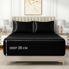 Satin Fitted Sheet Set Hotel 3 Pieces Fitted Sheet with Pillowcase, Art Silk Bedding Set-Luxury Soft Silky Sheets for Hair an