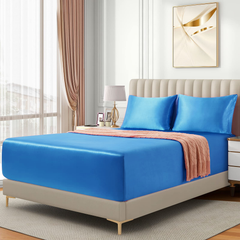 Satin Fitted Sheet Set Hotel 3 Pieces Fitted Sheet with Pillowcase, Art Silk Bedding Set-Luxury Soft Silky Sheets for Hair an