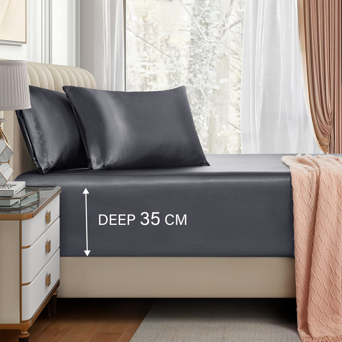 Satin Fitted Sheet Set Hotel 3 Pieces Fitted Sheet with Pillowcase, Art Silk Bedding Set-Luxury Soft Silky Sheets for Hair an