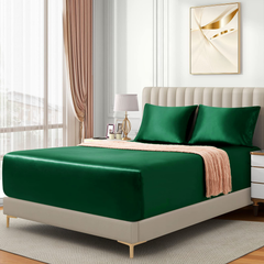 Satin Fitted Sheet Set Hotel 3 Pieces Fitted Sheet with Pillowcase, Art Silk Bedding Set-Luxury Soft Silky Sheets for Hair an