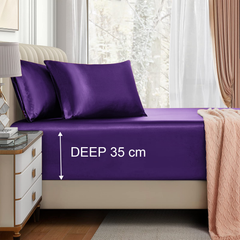 Satin Fitted Sheet Set Hotel 3 Pieces Fitted Sheet with Pillowcase, Art Silk Bedding Set-Luxury Soft Silky Sheets for Hair an