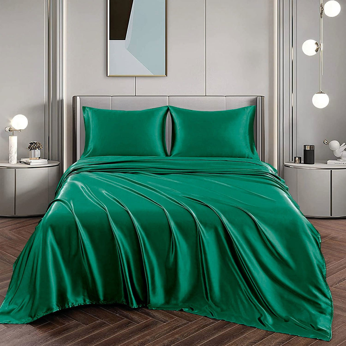 Art Silk Satin Sheet Set Hotel 4 Pieces Fitted/Flat Sheet Bedding Set-Luxury Soft Silky Sheets for Hair and Skin, Similar to 