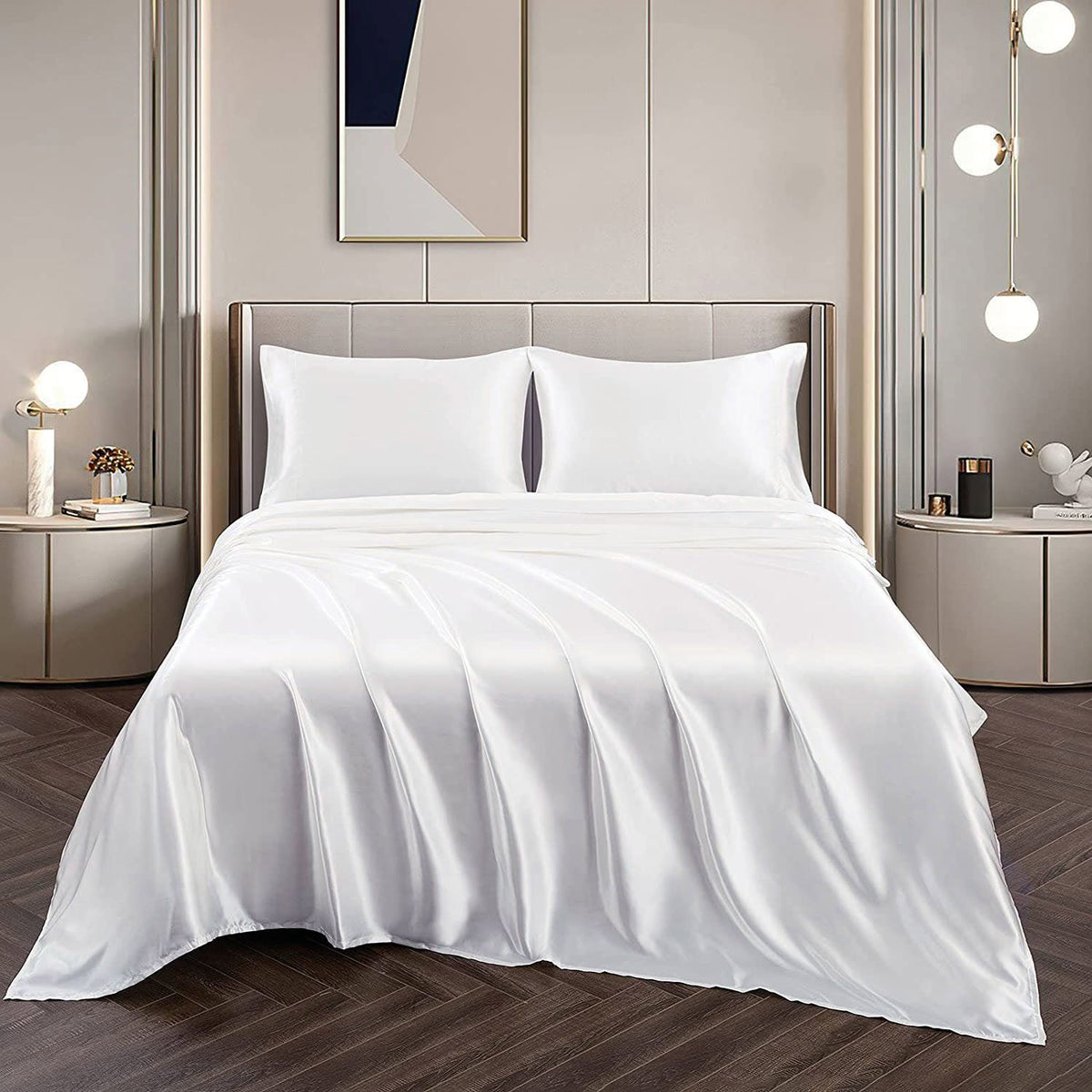 Art Silk Satin Sheet Set Hotel 3 Pieces Fitted/Flat Sheet Bedding Set-Luxury Soft Silky Sheets for Hair and Skin, Similar to 