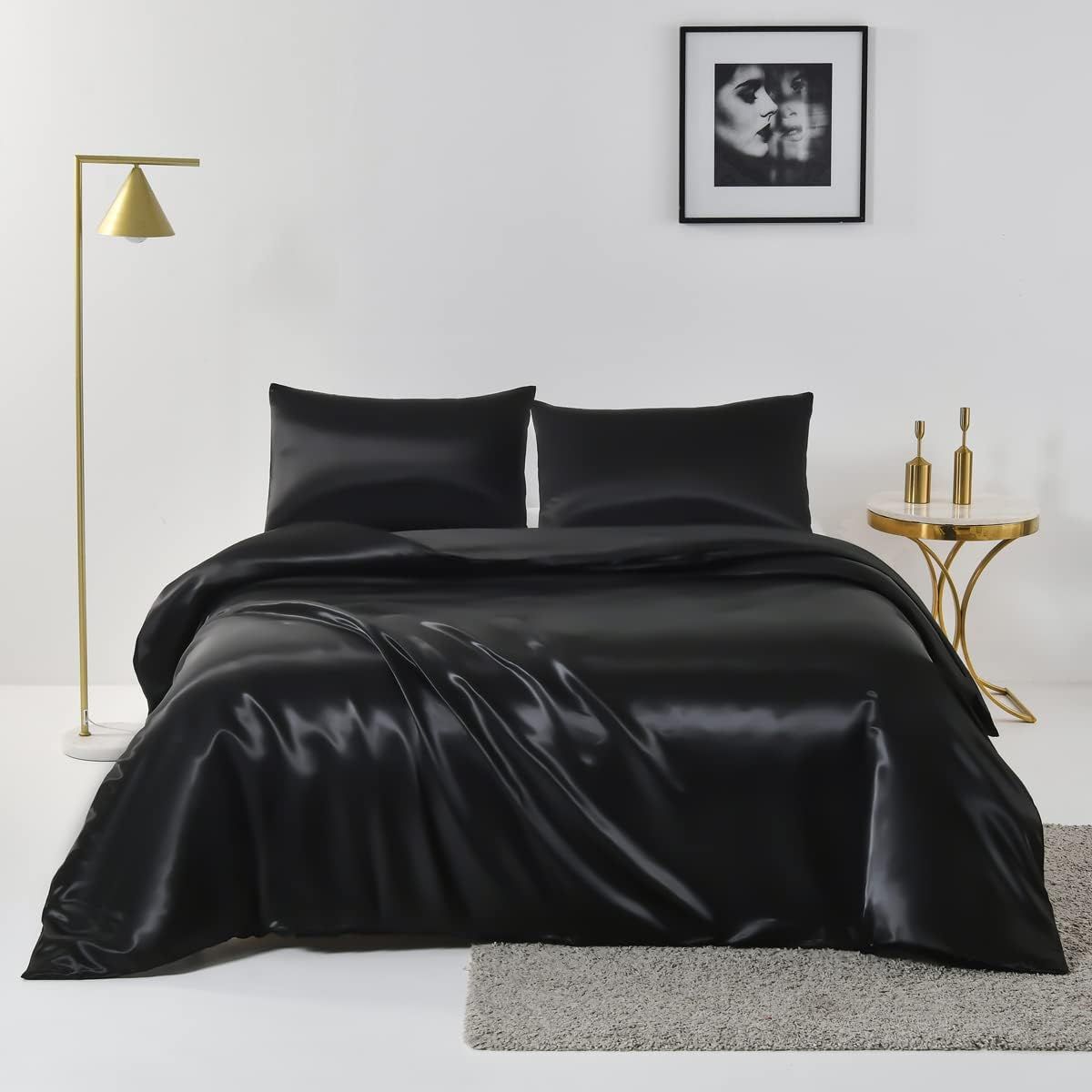 Satin Quilt cover Set Hotel 3 Pieces Quilt cover with Pillowcase, Art Silk Bedding Set-Luxury Soft Silky pillowcase for Hair 
