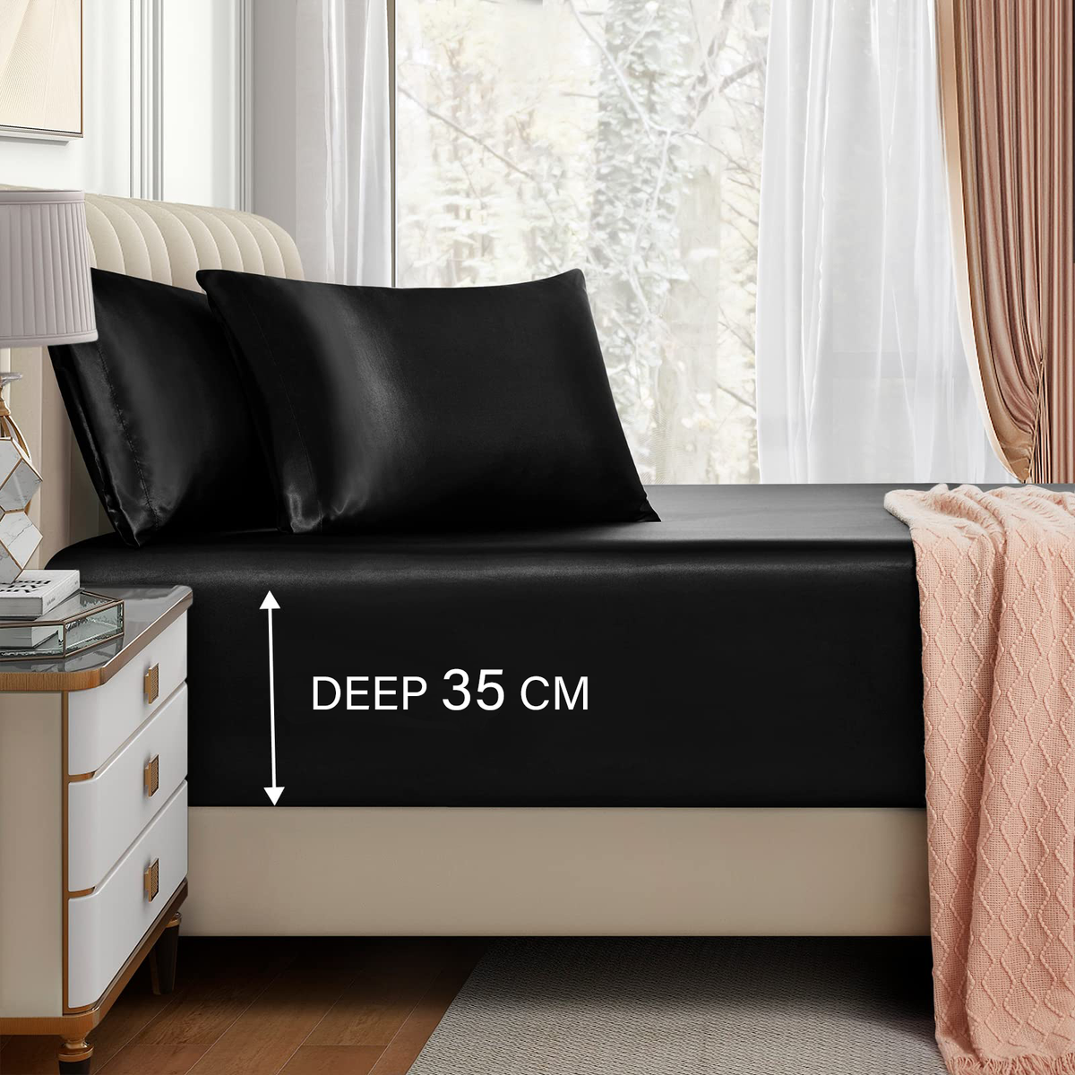 Satin Fitted Sheet Set Hotel 3 Pieces Fitted Sheet with Pillowcase, Art Silk Bedding Set-Luxury Soft Silky Sheets for Hair an