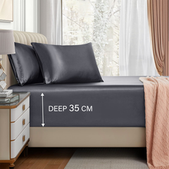 Satin Fitted Sheet Set Hotel 3 Pieces Fitted Sheet with Pillowcase, Art Silk Bedding Set-Luxury Soft Silky Sheets for Hair an