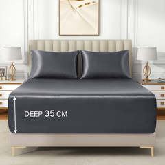 Satin Fitted Sheet Set Hotel 3 Pieces Fitted Sheet with Pillowcase, Art Silk Bedding Set-Luxury Soft Silky Sheets for Hair an