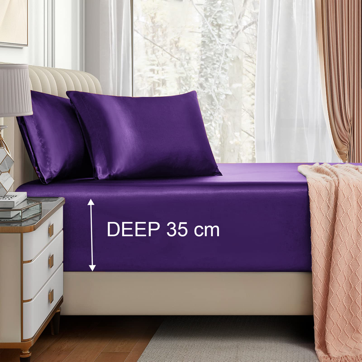 Satin Fitted Sheet Set Hotel 3 Pieces Fitted Sheet with Pillowcase, Art Silk Bedding Set-Luxury Soft Silky Sheets for Hair an
