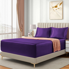 Satin Fitted Sheet Set Hotel 3 Pieces Fitted Sheet with Pillowcase, Art Silk Bedding Set-Luxury Soft Silky Sheets for Hair an