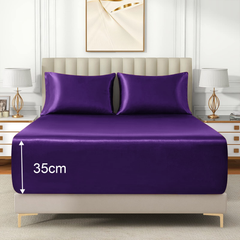 Satin Fitted Sheet Set Hotel 3 Pieces Fitted Sheet with Pillowcase, Art Silk Bedding Set-Luxury Soft Silky Sheets for Hair an