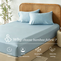 3 Piece Hotel Bamboo Cooling Fitted Sheet Set & Pillowcase -Ultra Soft 2000TC Breathable Fitted Bed Sheets Set with 37 Centim
