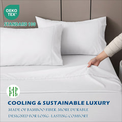 4 Piece Hotel Bamboo Cooling Sheet Set -Ultra Soft 2000TC Breathable Bed Sheets Set with 37 Centimetre Deep Pocket-Cooling Sh