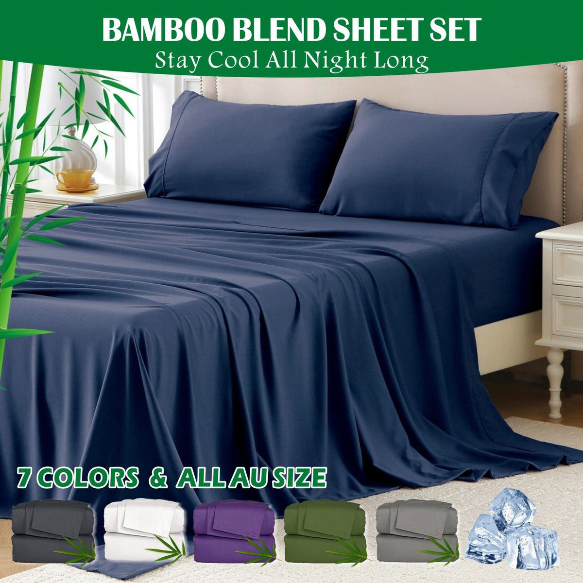 4 Piece Hotel Bamboo Cooling Sheet Set -Ultra Soft 2000TC Breathable Bed Sheets Set with 37 Centimetre Deep Pocket-Cooling Sh