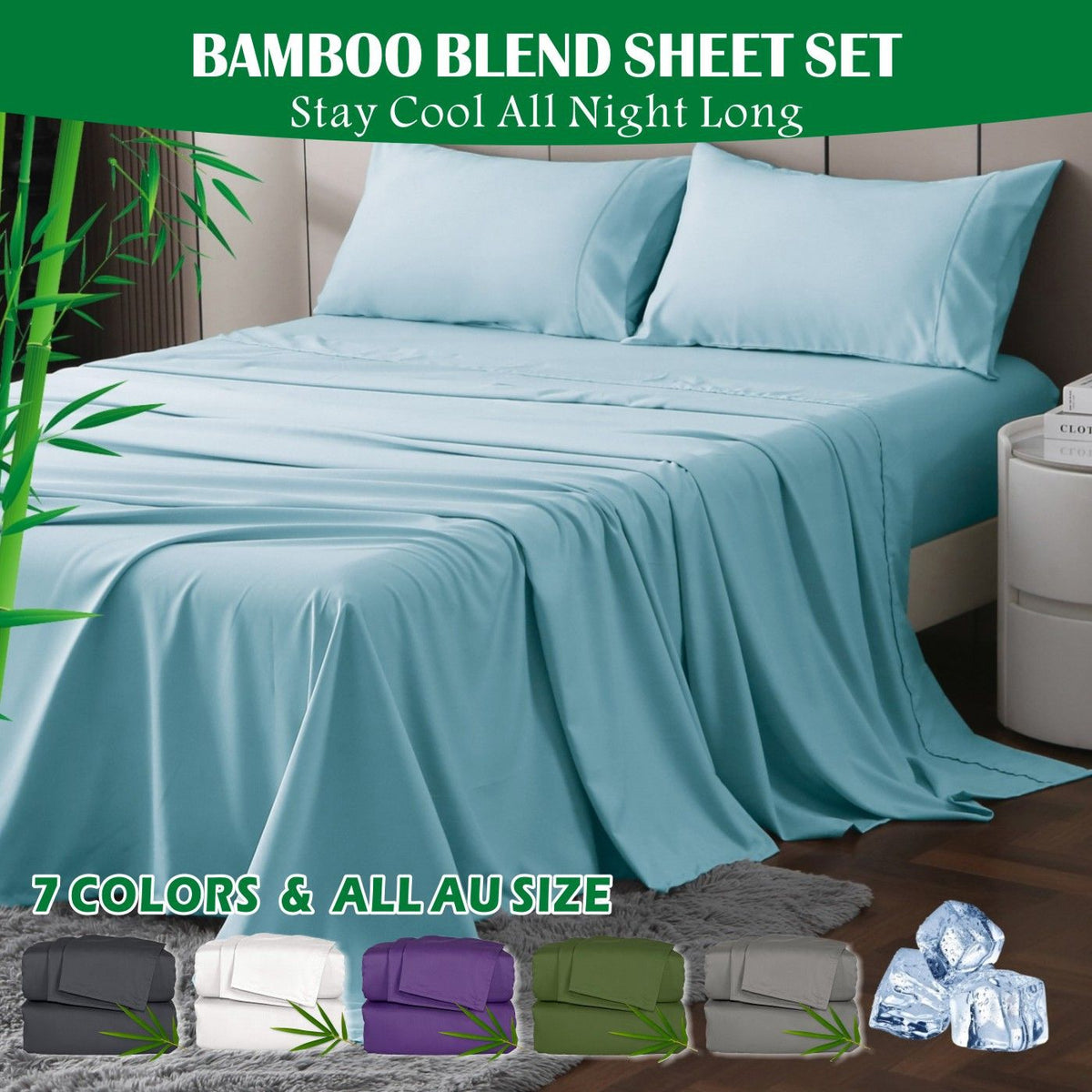 4 Piece Hotel Bamboo Cooling Sheet Set -Ultra Soft 2000TC Breathable Bed Sheets Set with 37 Centimetre Deep Pocket-Cooling Sh