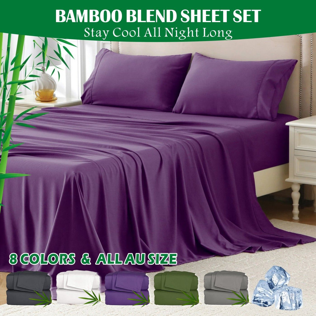4 Piece Hotel Bamboo Cooling Sheet Set -Ultra Soft 2000TC Breathable Bed Sheets Set with 37 Centimetre Deep Pocket-Cooling Sh
