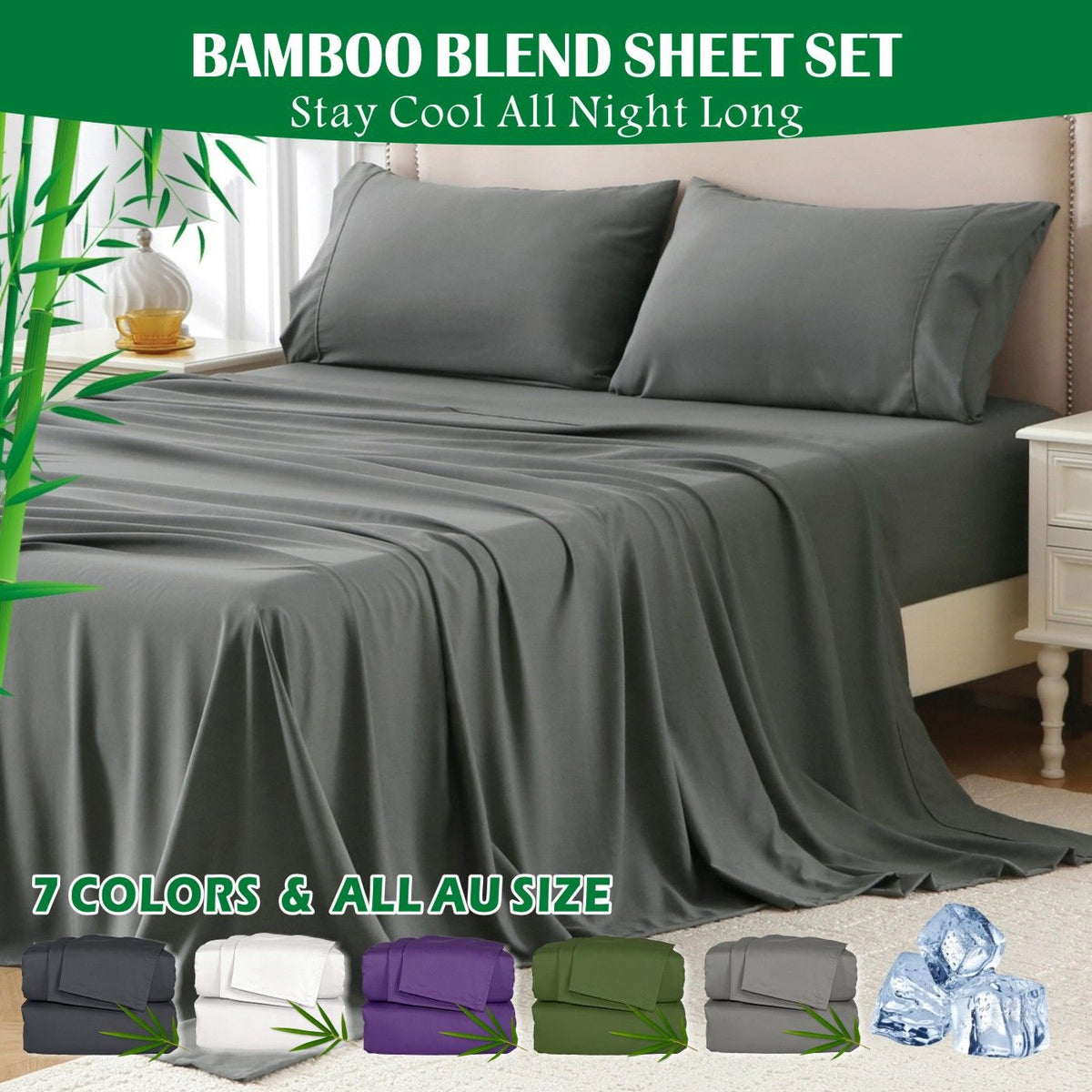3 Piece Hotel Bamboo Cooling Sheet Set -Ultra Soft 2000TC Breathable Bed Sheets Set with 37 Centimetre Deep Pocket-Cooling Sh
