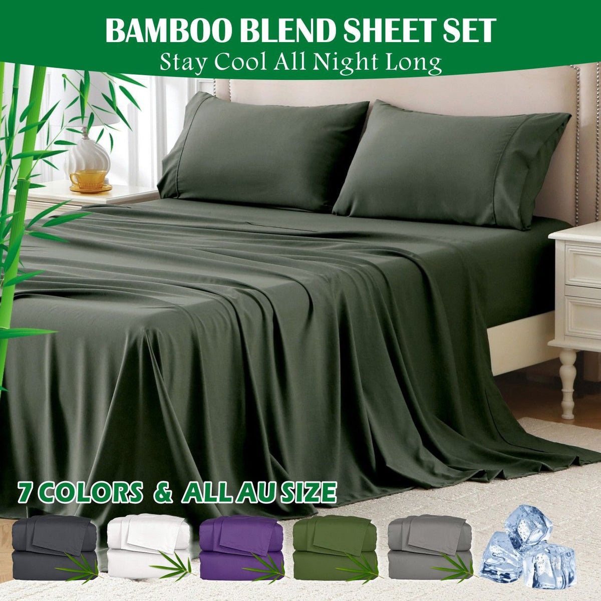 3 Piece Hotel Bamboo Cooling Sheet Set -Ultra Soft 2000TC Breathable Bed Sheets Set with 37 Centimetre Deep Pocket-Cooling Sh